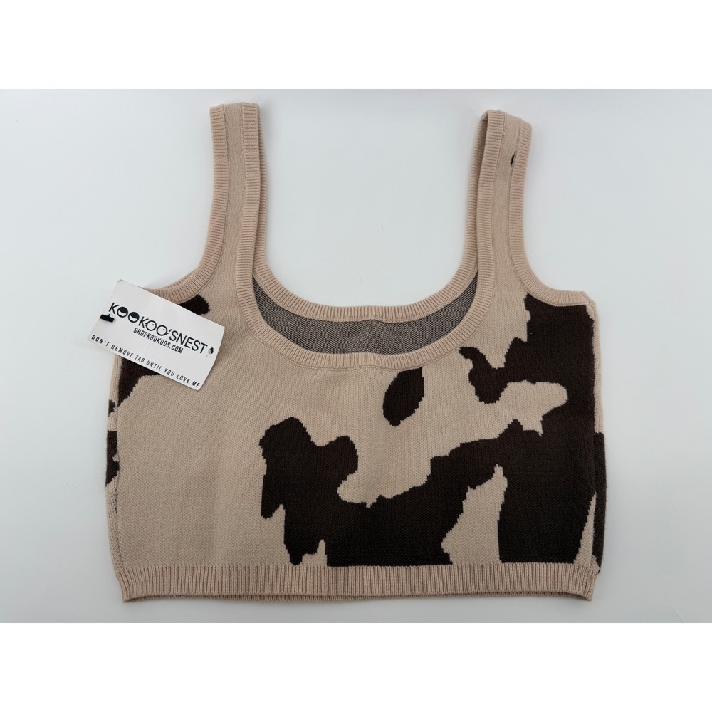 KooKoo's Nest Drew Brown Cow Print Knit Crop Tank Top Women's Size Medium NEW